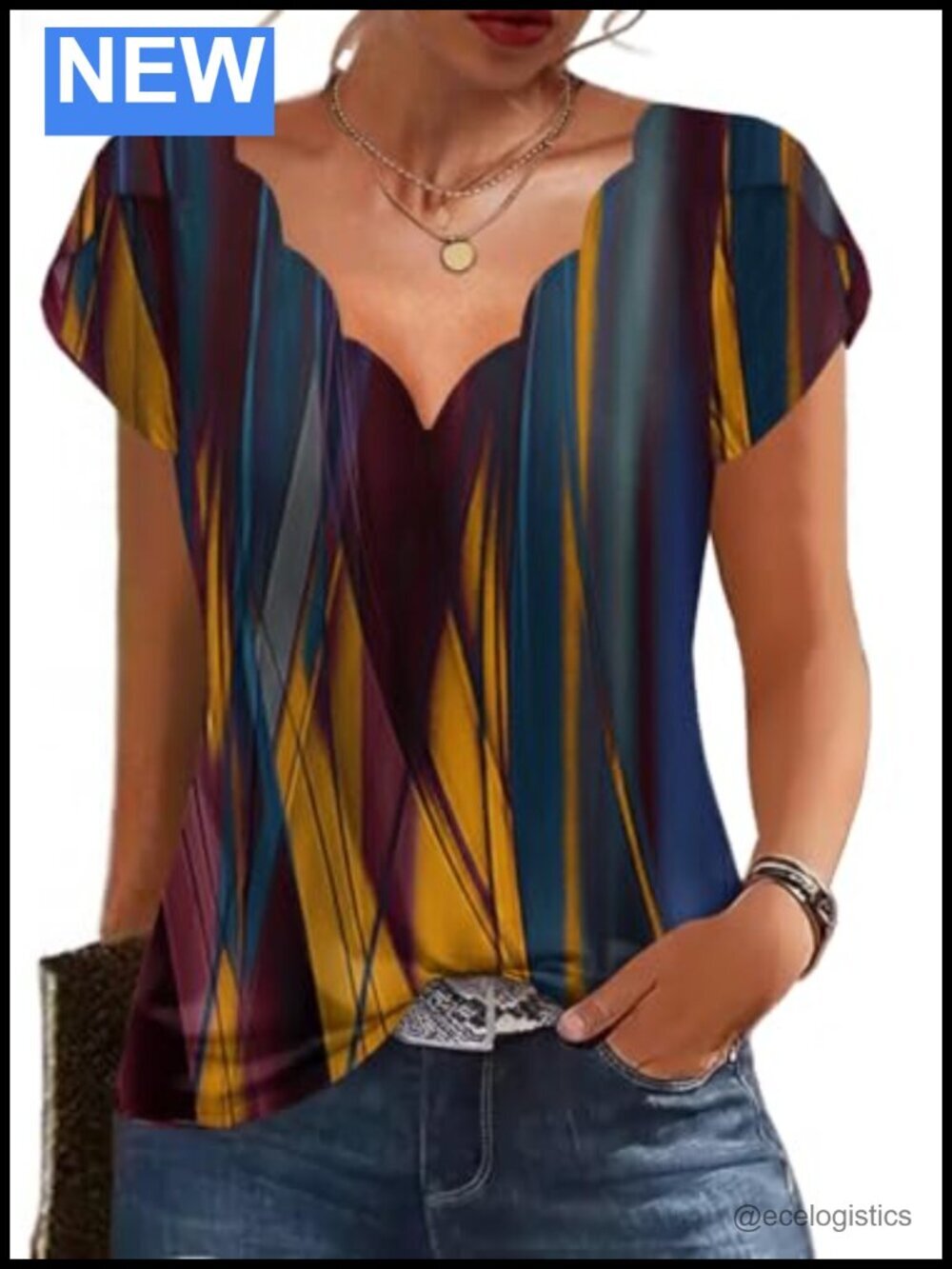 Seashell Edge V Neck Tunic Blouse Short Sleeve Casual Dressy Top